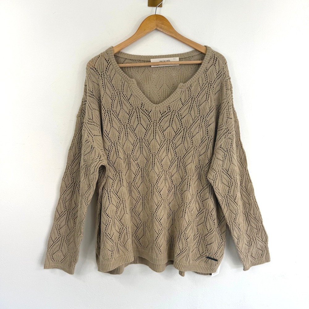 NWT Peace Love World Boheme Open Knit Sweater Tan V-Neck Boho Coastal Grandma 1X